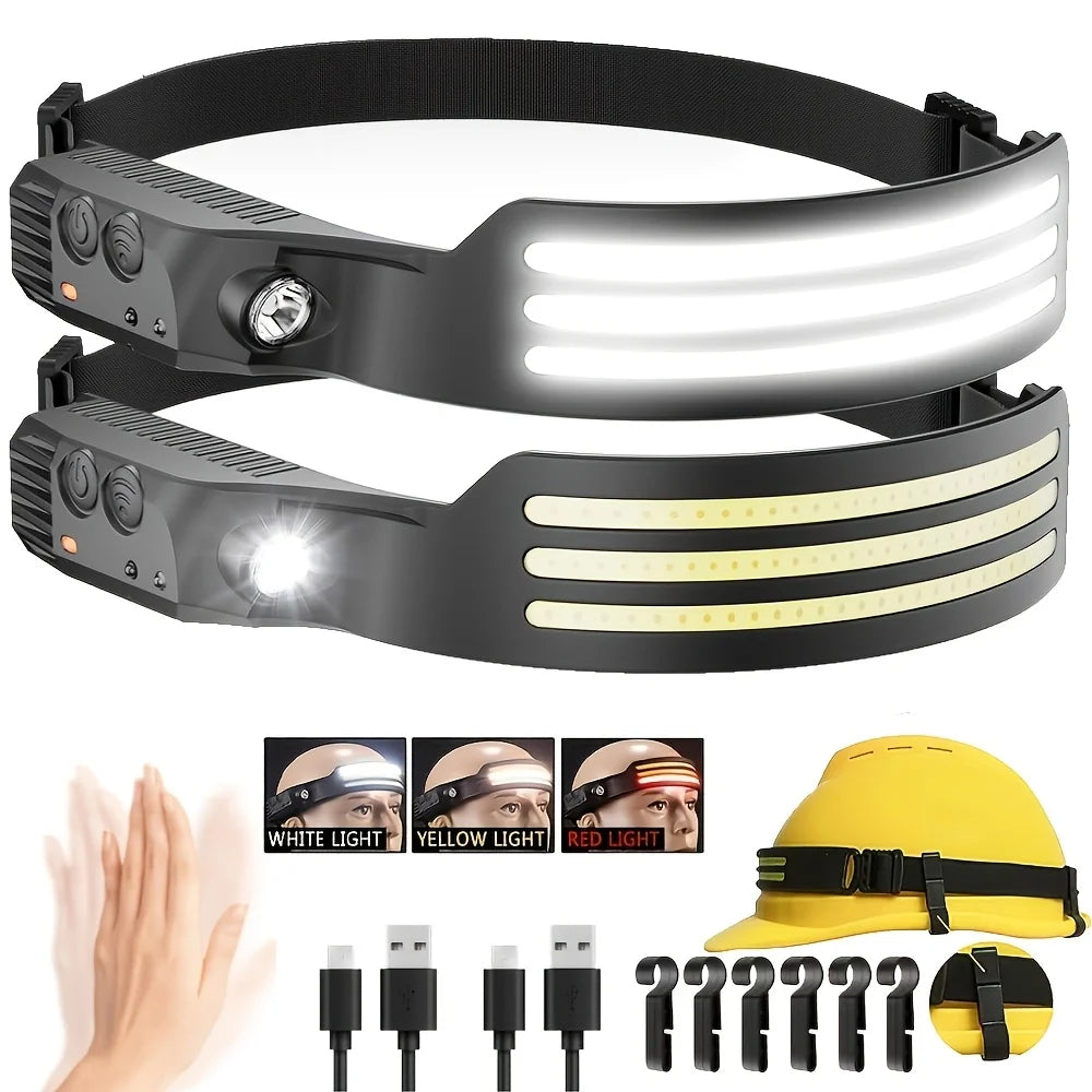 lampe frontale led rechargeable usb ceinture ajustable camping pêche lumière blanche jaune noire moderne
