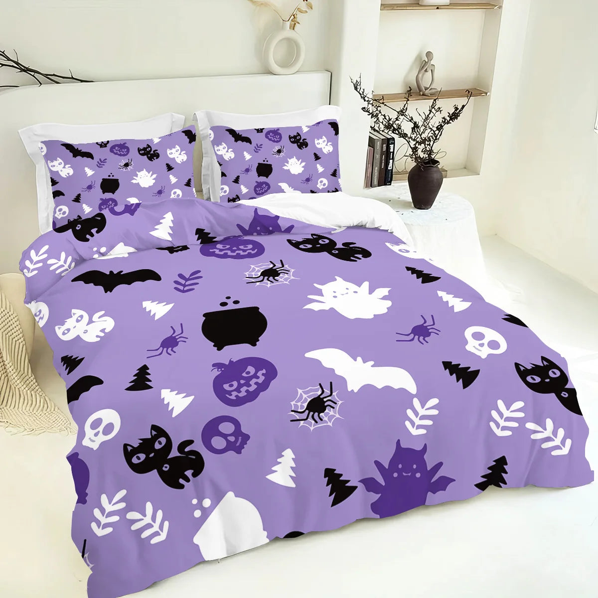 housse couette impression 3d halloween citrouilles chats noirs drap plat violet noir blanc