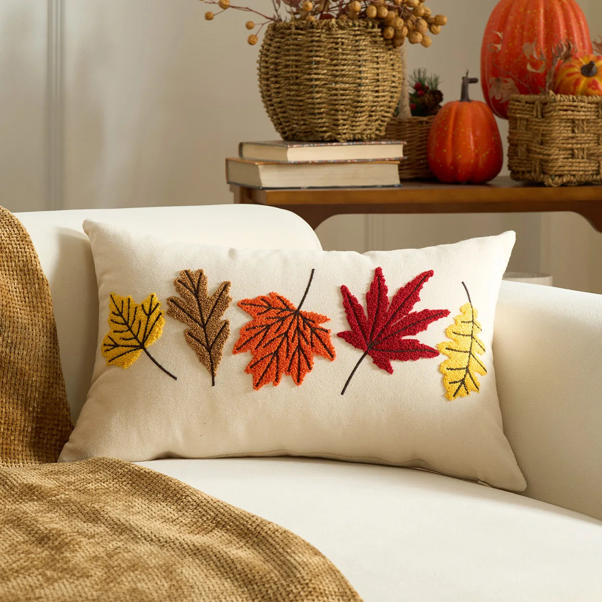 housse coussin brodée citrouille motif automne rustique tassel adhésif décoration maison nordique polyester coton
