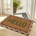 tapis d'entrée marron clair vert rose pâle lettre HELLO bordure classique imperméable antidérapant machine