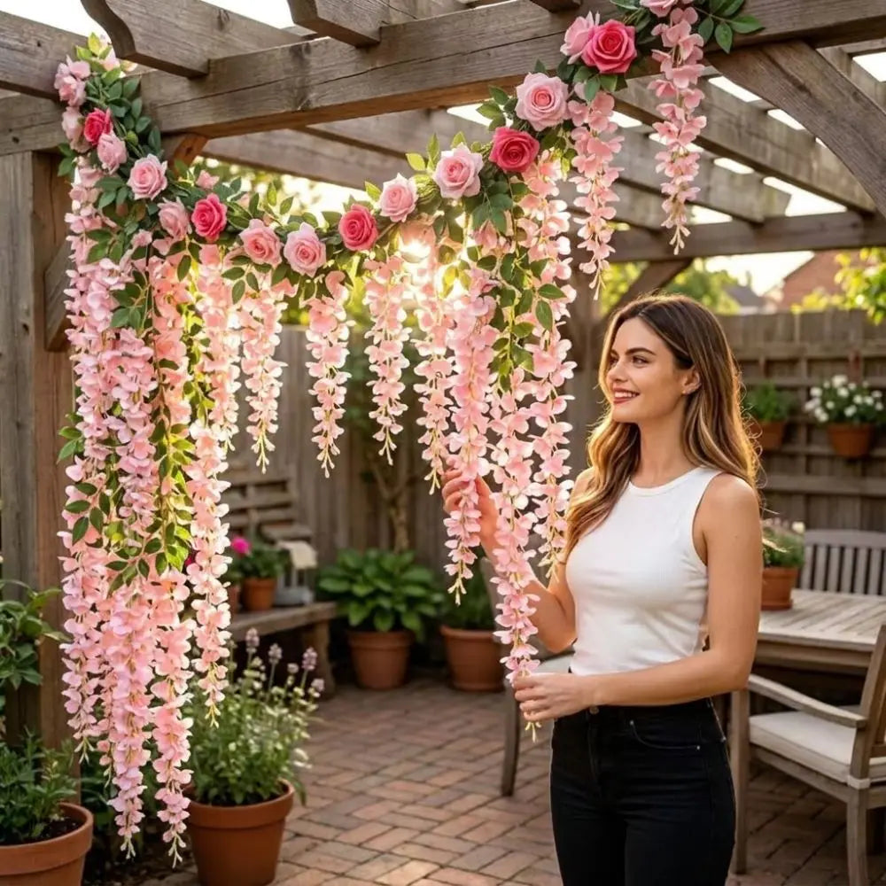 guirlande florale artificielle rose blanc vert décoration extérieure fleurs feuilles décorative romantique fixations incluses