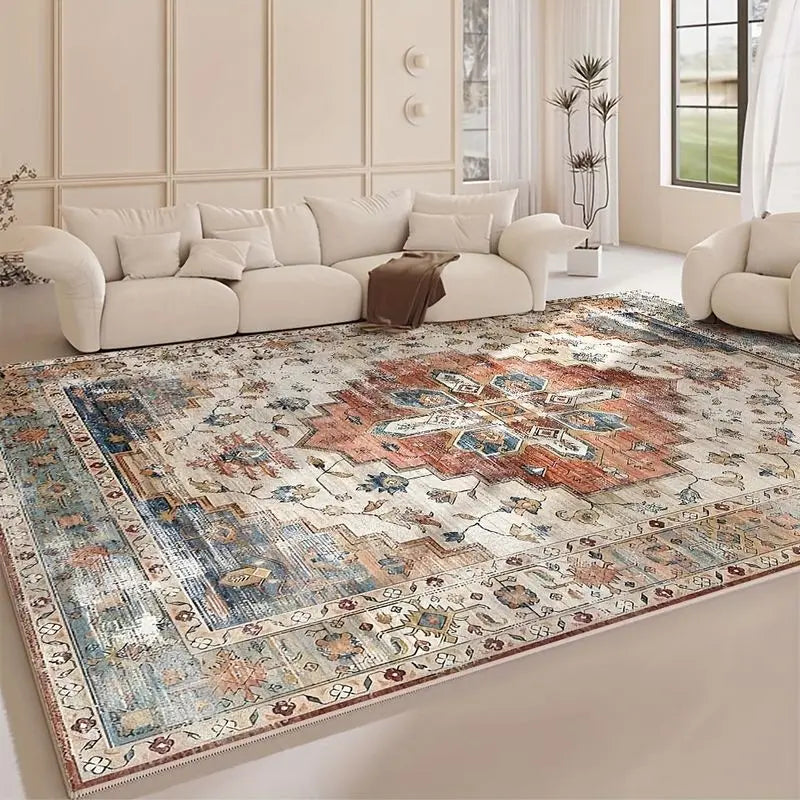 tapis bohème vintage bleu beige rouge ornements floraux bordure ornée antidérapant facile entretien