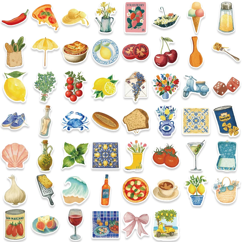 sticker illustration aliments fruits légumes fromages pizzas multicolore scrapbook téléphone portable
