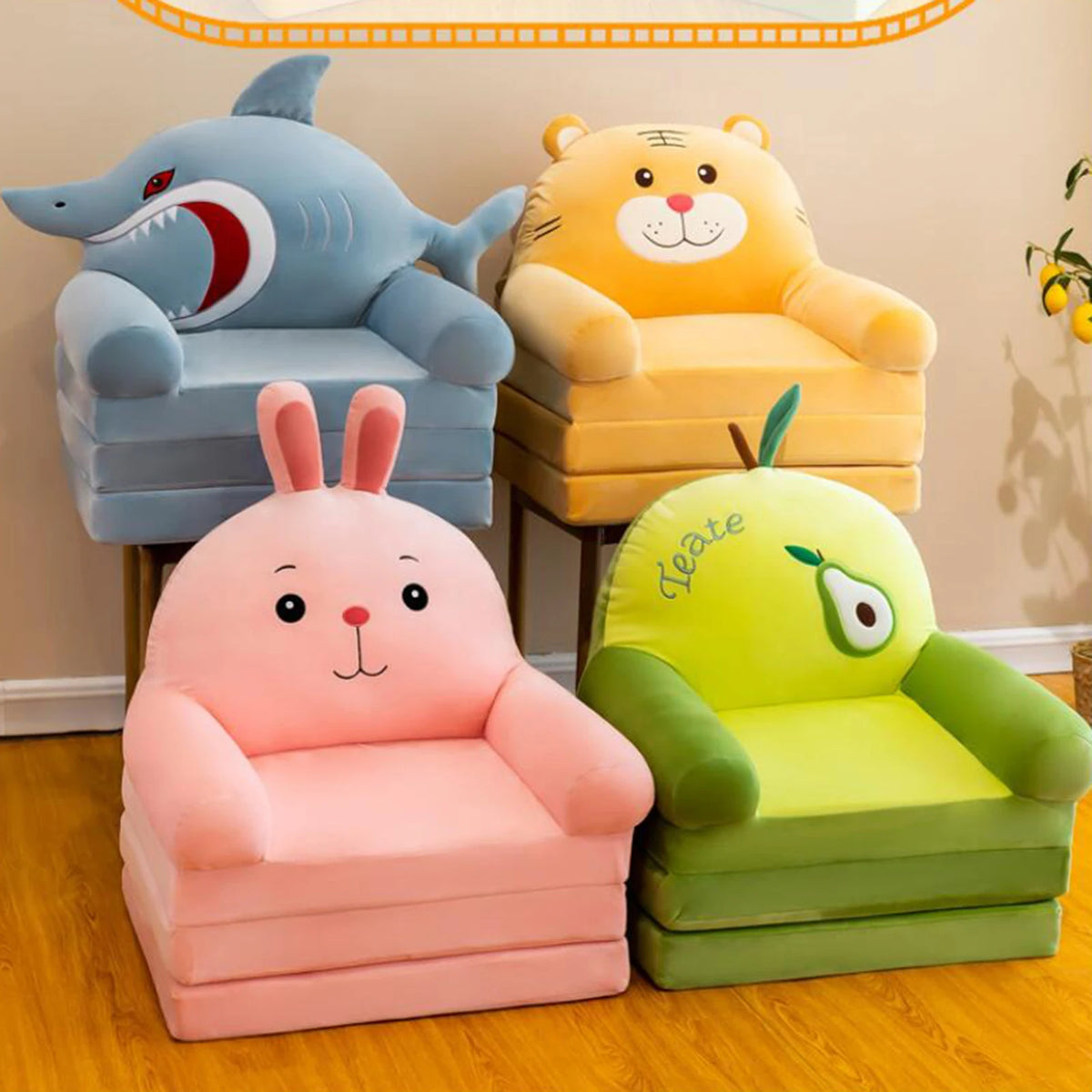 fauteuils pliants enfants motifs animaux bleu jaune rose vert contemporains chambre salon