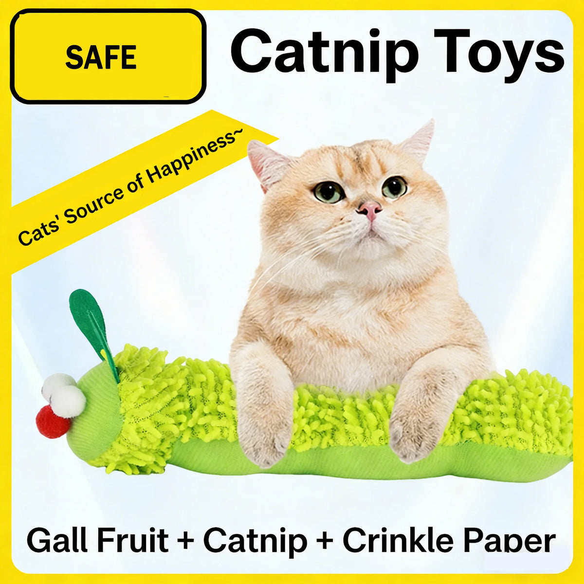 jouet chat chenille peluche vert catnip doux mignon autoamusement fruit galle papier crinkle