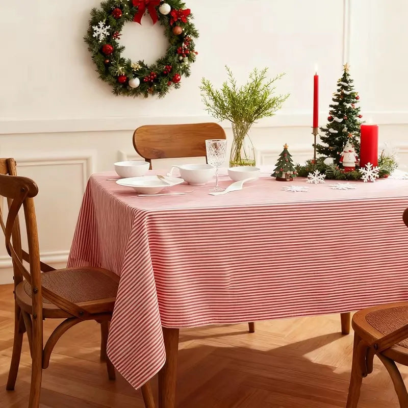 nappe table noël rayée moderne blanche rouge serviettes décoration opaque polyester rechargeable