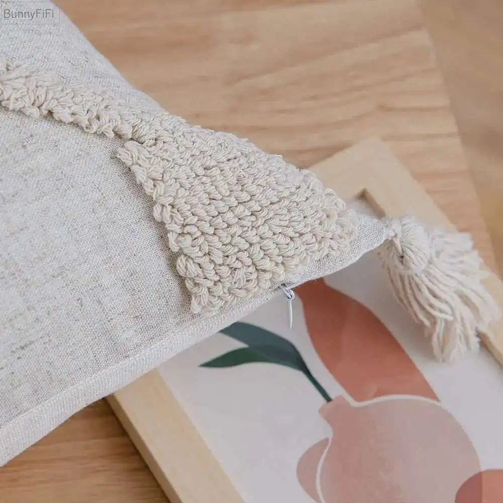coussin carré beige motif losange texture bouclée décoration maison boho franges