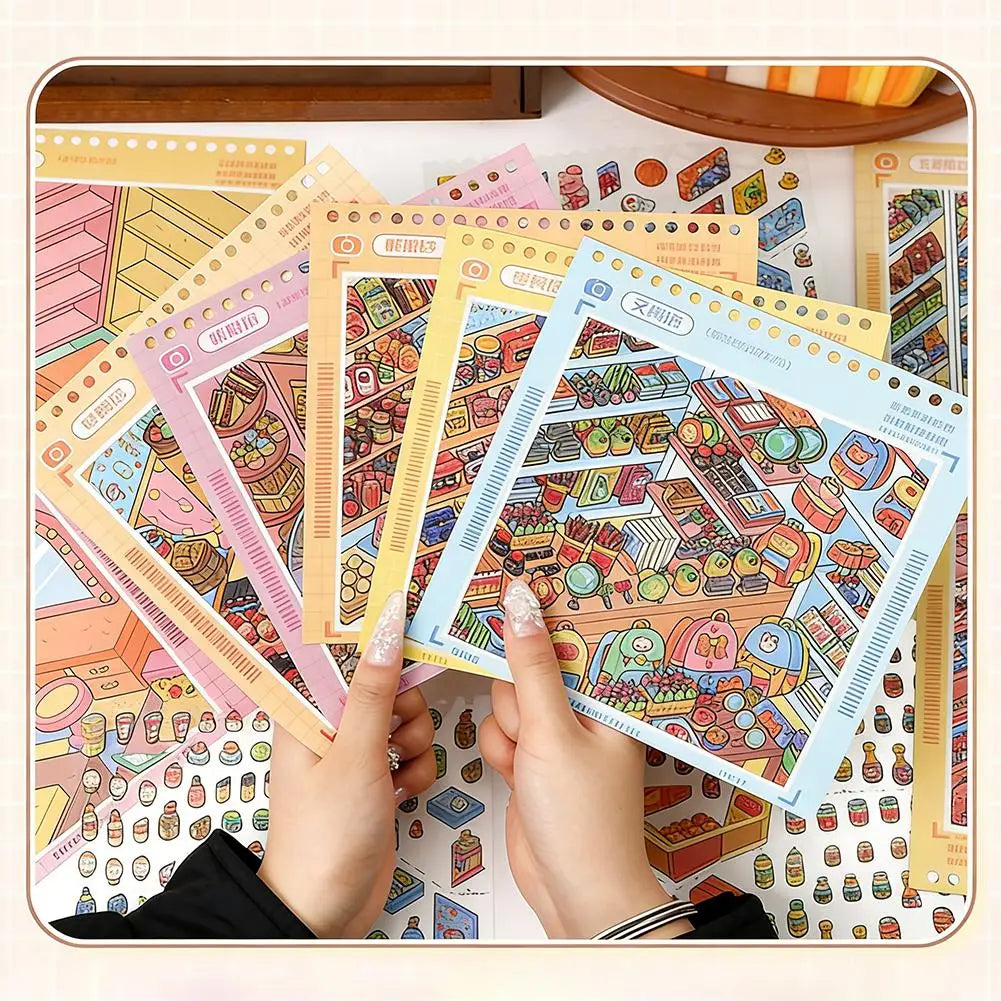 stickers kawaii multicolores isométriques scènes supermarché produits alimentaires boissons enfants créatifs imagination