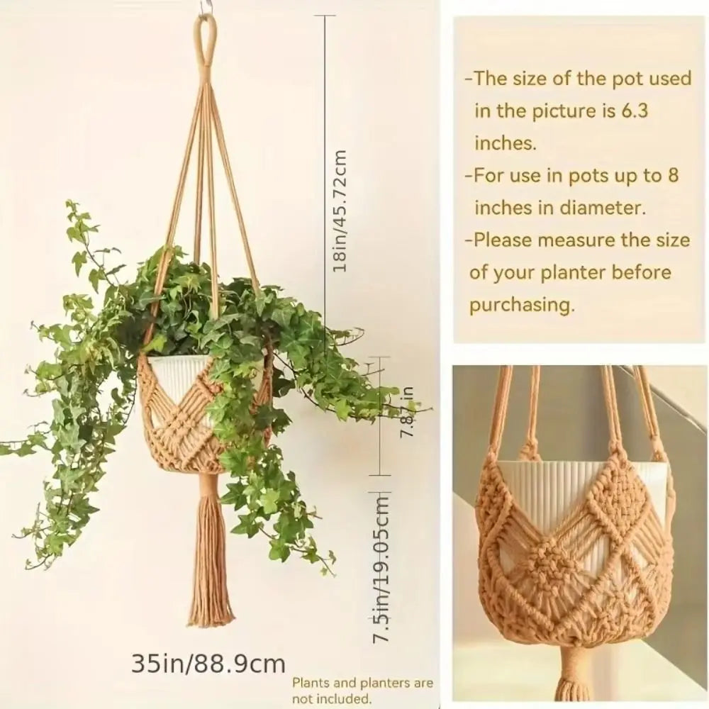 Sac plante suspendu macramé boho pot blanc anneaux beiges noirsintérieurextérieur