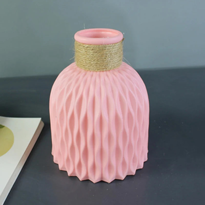vase décoratif moderne rose fleurs artificielles corde tressée ondulé minimaliste