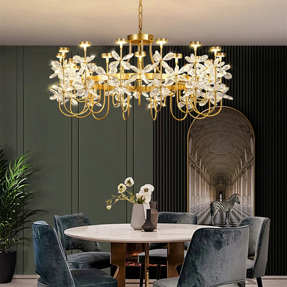 lustre or transparent fleurs cristal classique chaîne éclairage intérieur decoration