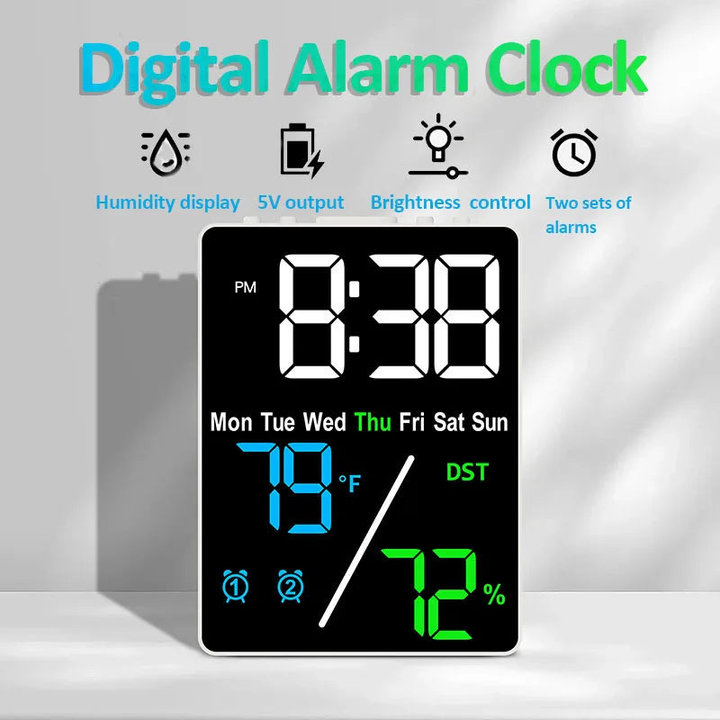 horloge numérique moderne affichage heure jour température humidité alarme rechargeable noir blancécran led