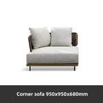 canapé jardin deux places tissu beige bois marron coussins blancs moderne pieds métalliques noirs