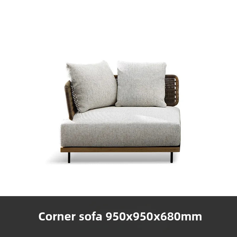 canapé jardin deux places tissu beige bois marron coussins blancs moderne pieds métalliques noirs