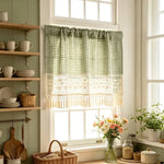 rideau vintage carreaux verts polyester opacité cuisine vertclair beigesimple rustic