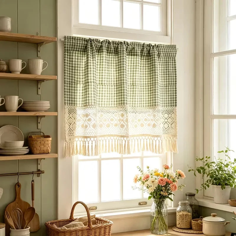 rideau vintage carreaux verts polyester opacité cuisine vertclair beigesimple rustic