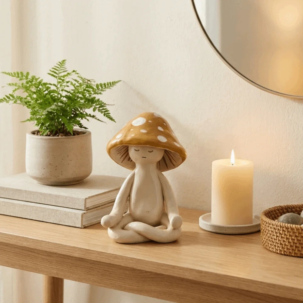 statuette champignon résine polie moderne minimaliste blanc beige marron clair taches blanches texture mat