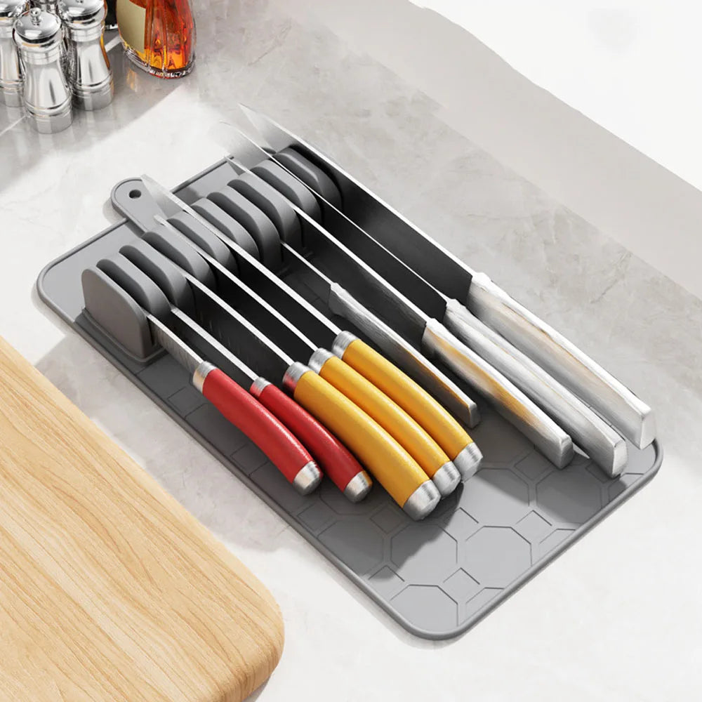 tapis rangement couteaux gris hexagonal moderne clips détachables protection cuisine organizer