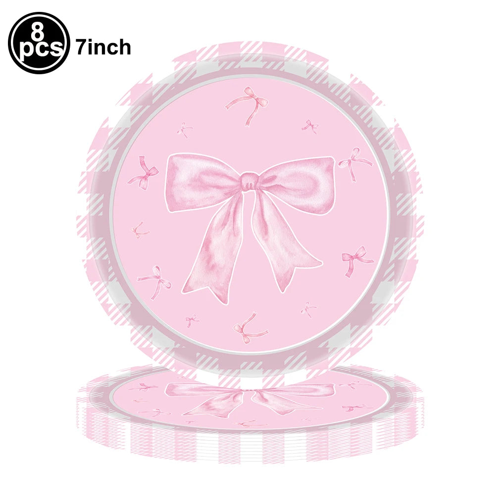 vaisselle jetable rose anniversaire filles assiettes gobelets serviettes nappe motif ruban fête enfant