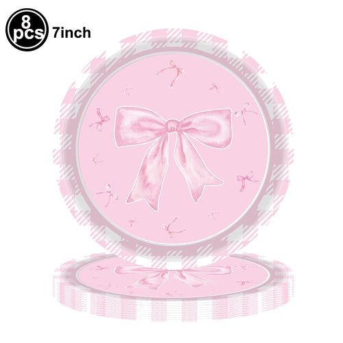 vaisselle jetable rose anniversaire filles assiettes gobelets serviettes nappe motif ruban fête enfant