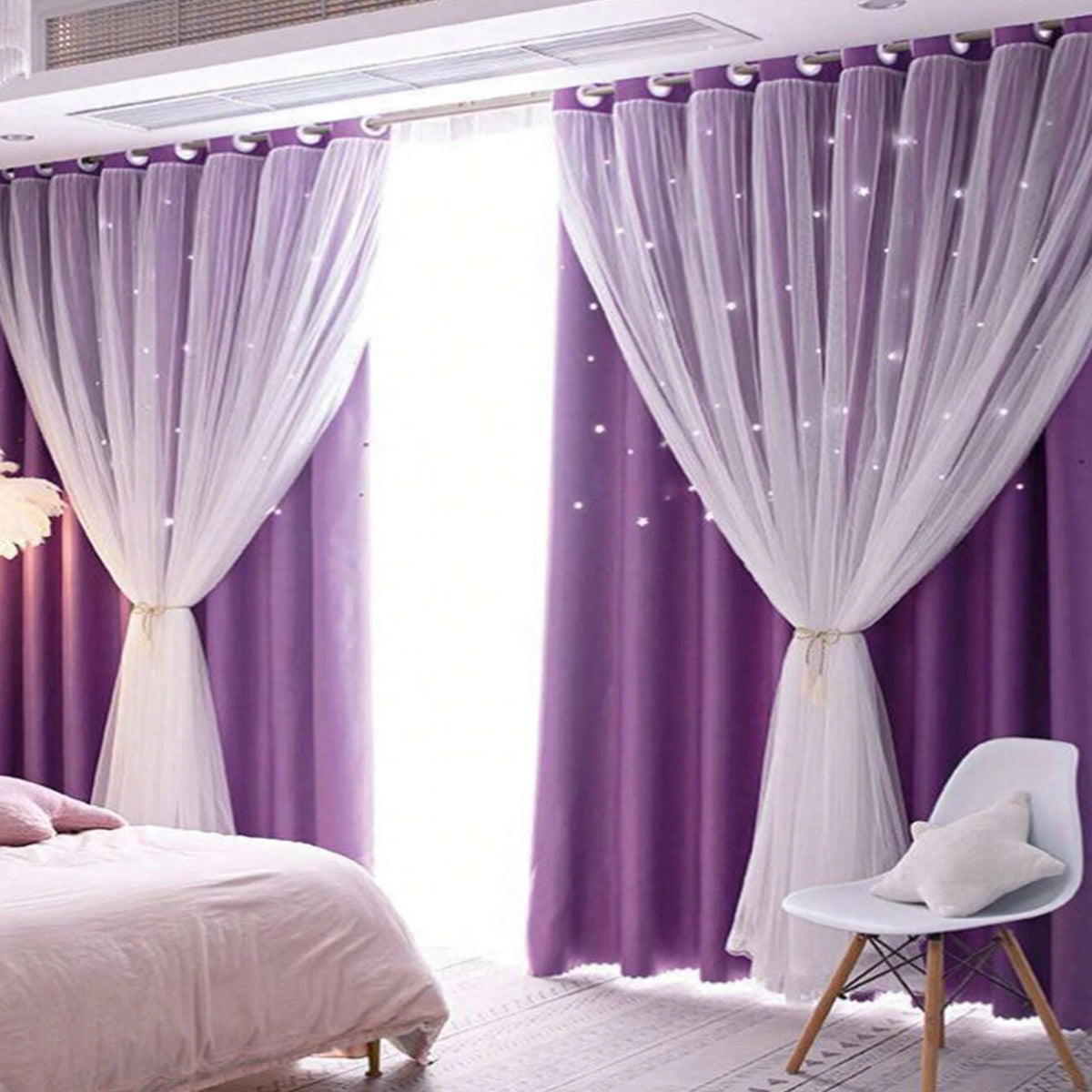 rideau double couche violet clair motif étoiles blanches voile transparent moderne salon chambre coucher