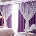 rideau double couche violet clair motif étoiles blanches voile transparent moderne salon chambre coucher