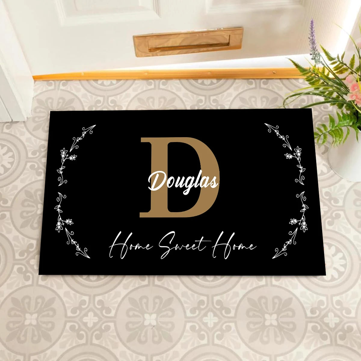 tapis d'entrée noir or blanc antidérapant lettres dorées floral douglas sweet homeextérieur classique
