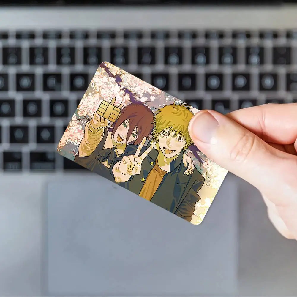 cartes bancaires étanches résistantes adhésives illustration anime personnages fond floral multicolore jaune brun vert