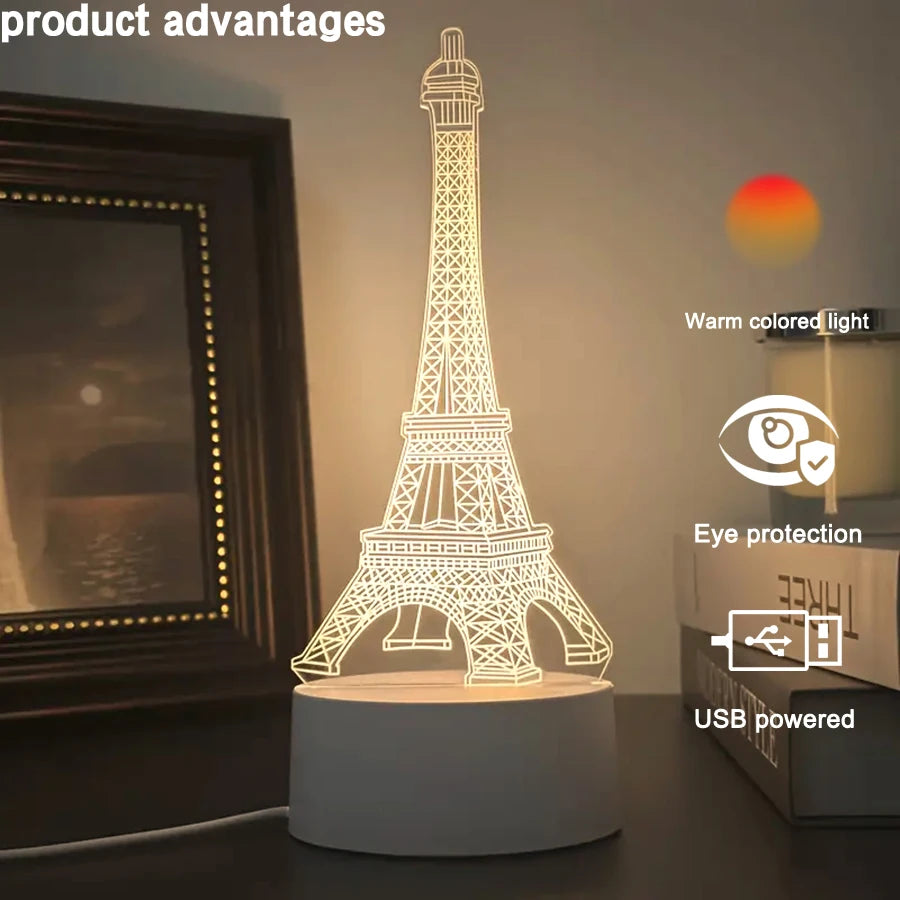 lampe led 3d tour eiffel blanc moderne sans fil usb charge