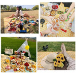 tapis pique nique carreaux vert blanc jaune moderne imperméable anti humidité poignée rangement camping
