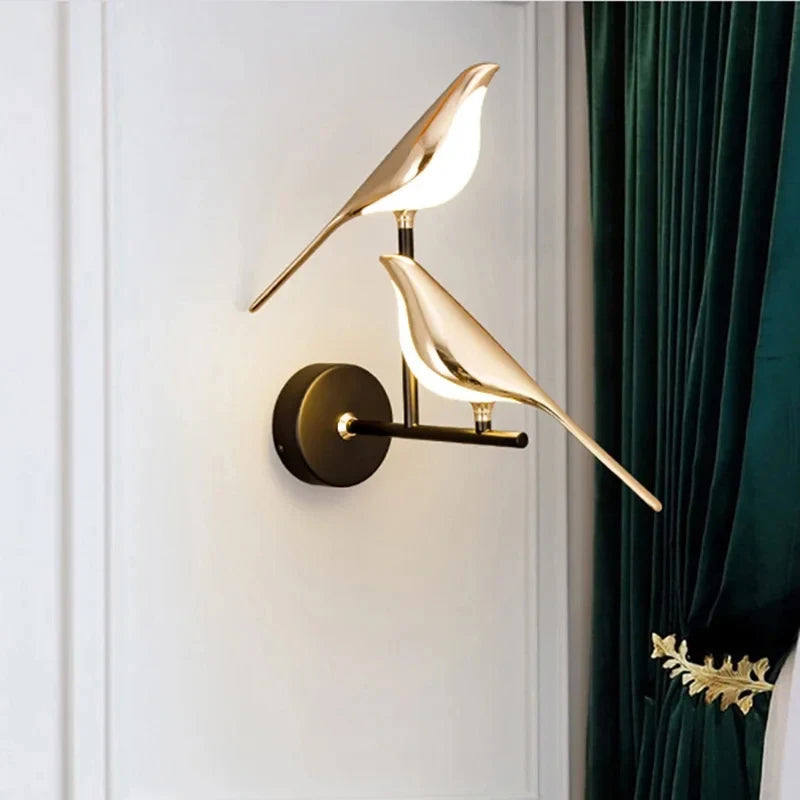 lampe murale oiseau stylisé or noir moderne chambre salon decoration aluminium led fixation murale
