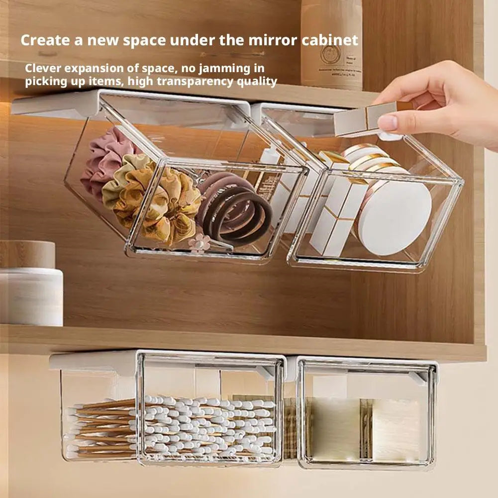 boîtes rangement tiroirs transparentes adhésives cosmétiques poignées blanches modernes pratiques sous meuble organisation produits