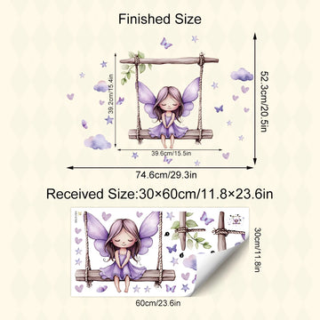 sticker mural fée balançoire papillons coeurs nuages enfant violet illustration chambre décoration fantastique