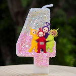 bougies décoratives teletubbies anniversaire enfant blanc rose pailletées brillantes multicolores personnages