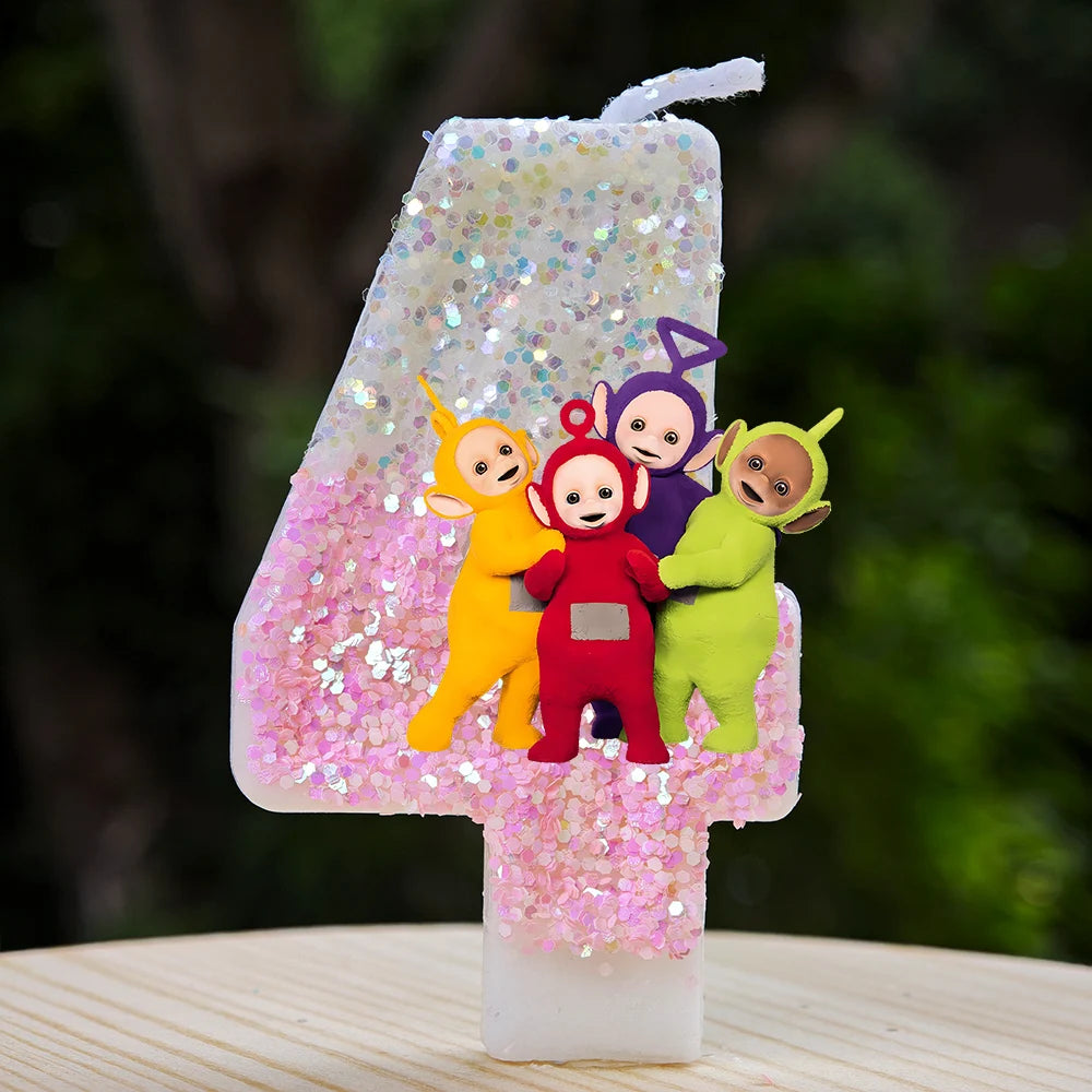 bougies décoratives teletubbies anniversaire enfant blanc rose pailletées brillantes multicolores personnages