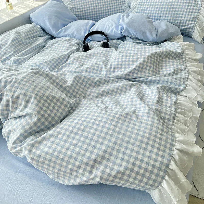 ensemble literie carreaux bleu clair rose doux opacité pièces housses oreillers couvre lit