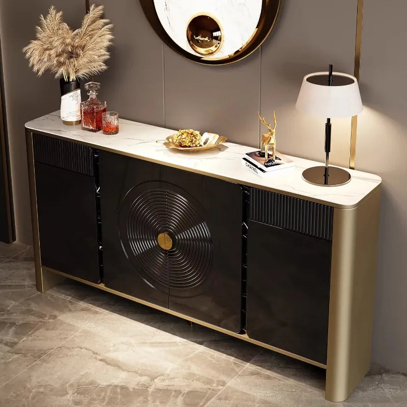 meuble rangement moderne armoire noire dorée tiroirs entrée salon élégant pieds métalliques plateau