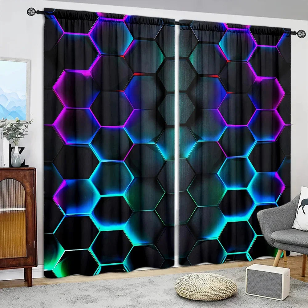 rideau moderne hexagonal lumineux noir bleu violet vert opaque 100 polyester deux pièces