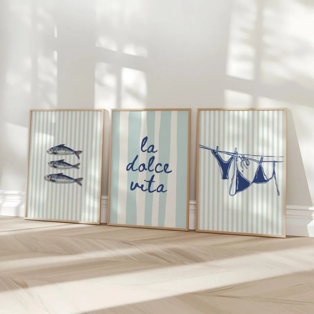 toile art murale dolce vita bikini bleu sardines plage rétro moderne cadre bois