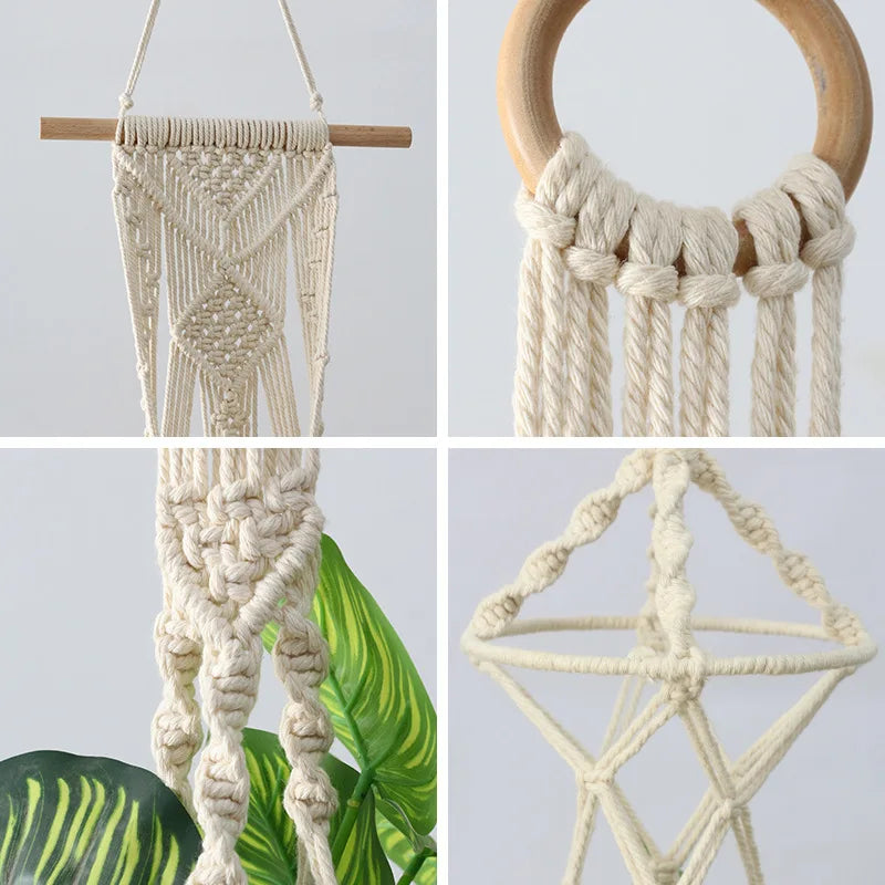 panier suspendu macramé motif géométrique boho chic couleur beige plante incluse fixations decoration maison