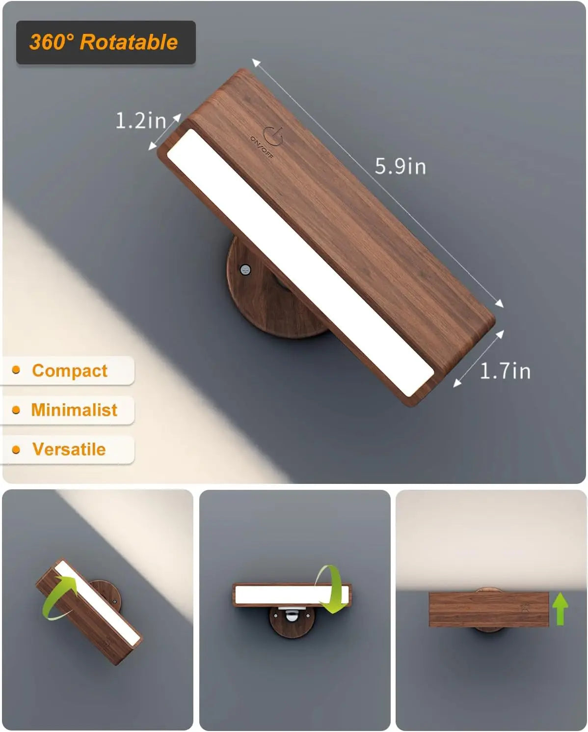 applique murale led rechargeable bois noyer grain naturel minimaliste aimant adhésif vis chargeur usb
