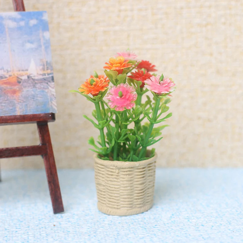 plante artificielle miniature pot tressé fleurs vertes décoration intérieure maison poupée jouet rustique champêtre