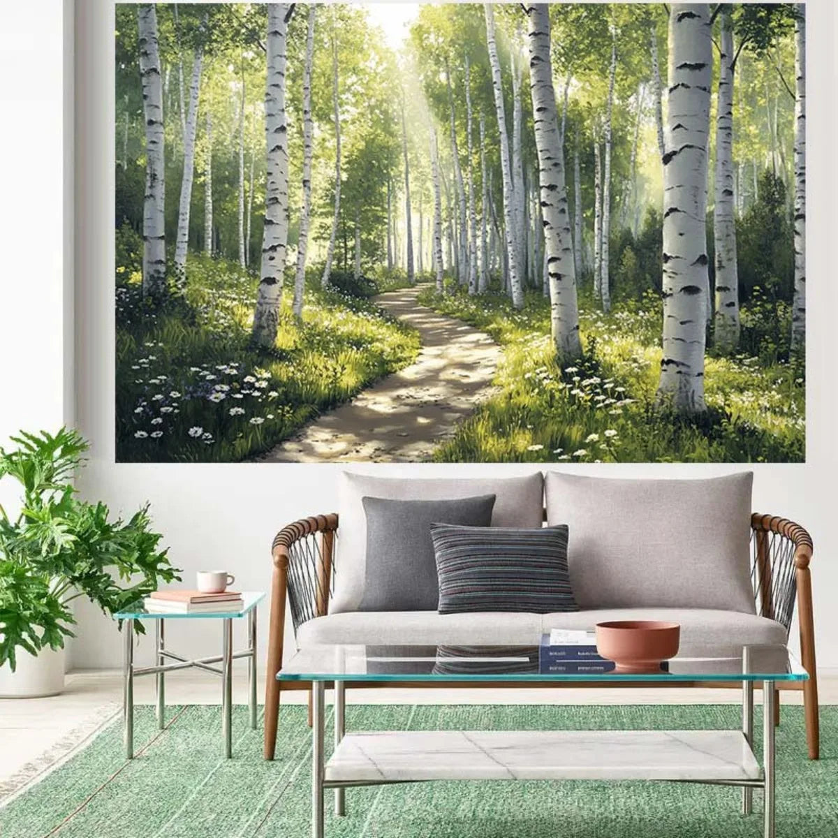 panneau mural forêt chemin naturel arbres blancs herbe verte fleurs chambre salon decoration polyester