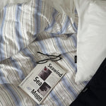 linge lit coton rayures horizontales drap housse taies oreillers moderne blanc bleu gris maison