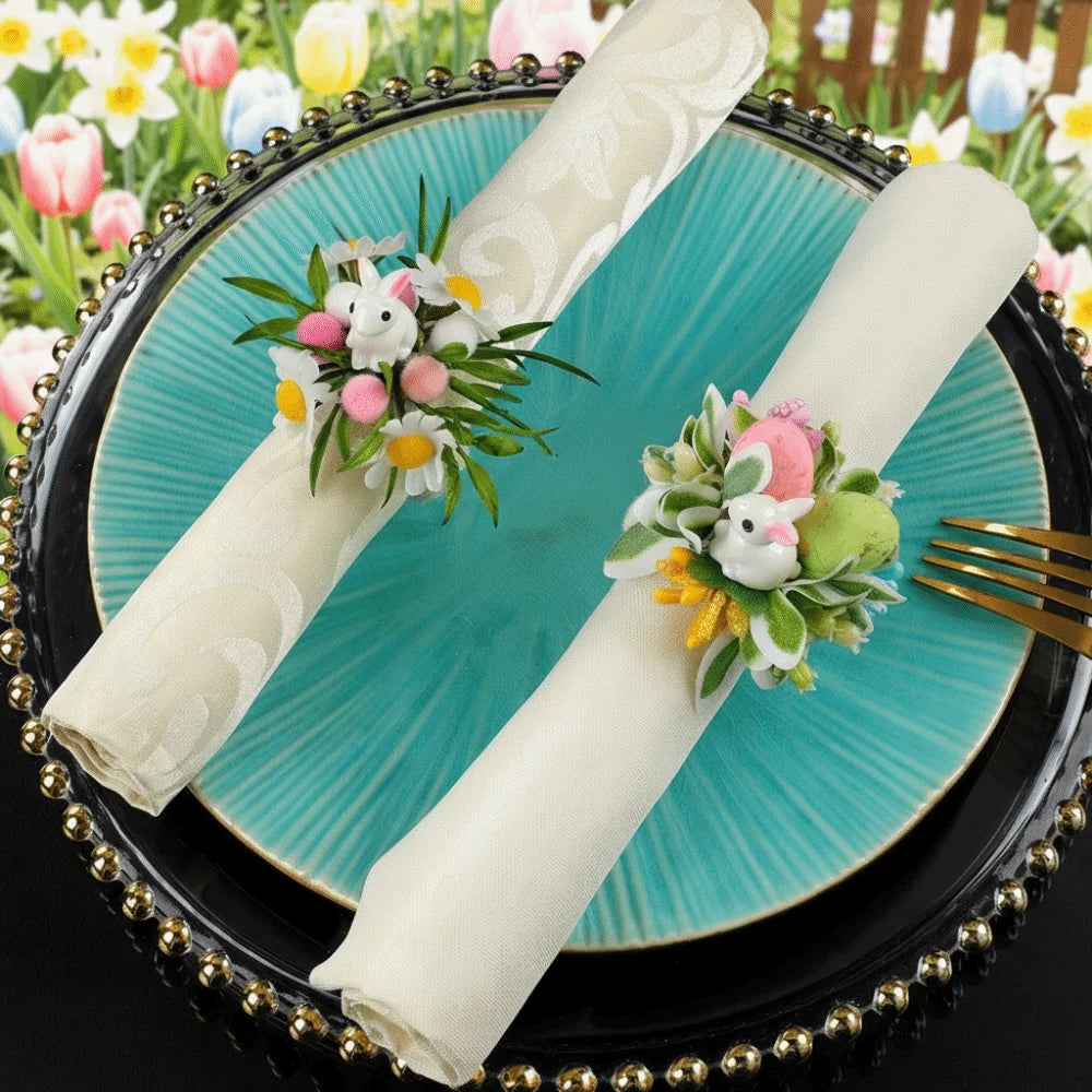 anneau serviette pâques fleurs artificielles motifs floraux blanc vert rose jaune décoration table festive