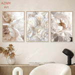 tableaux moderne floral brillants fleurs rose pâle blanc beige salon chambre décoration maison