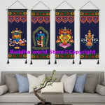 tapisserie bouddhiste ornements religieux symboles géométriques bleu multicolore crochets métalliques