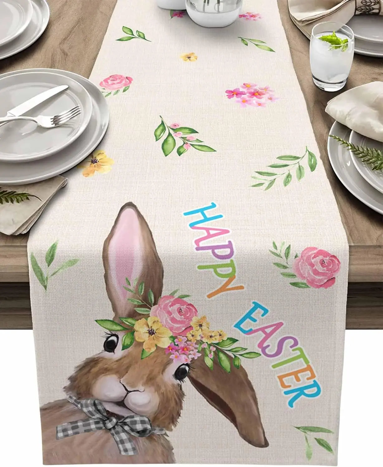 Une belle table avec des décorations printanières et un lapin mignon portant une couronne de fleurs, créant une ambiance festive et joyeuse pour Pâques.