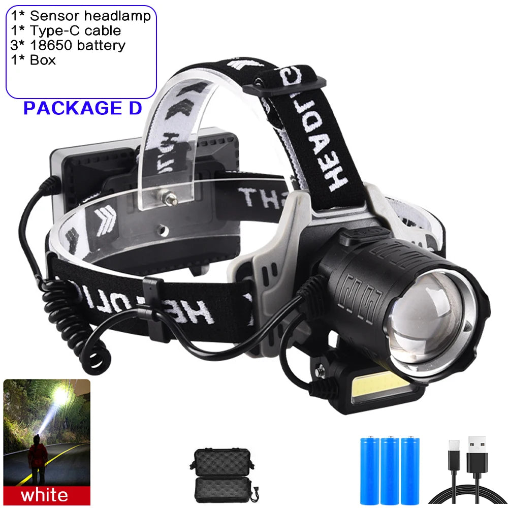 lampe frontale rechargeable zoomable led noir gris blanc affichage numérique bouton mode sensoriel camping