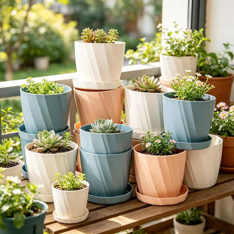 pots fleurs grandes tailles plastique blanc bleu rose rayures modernes minimaliste plateau medium large